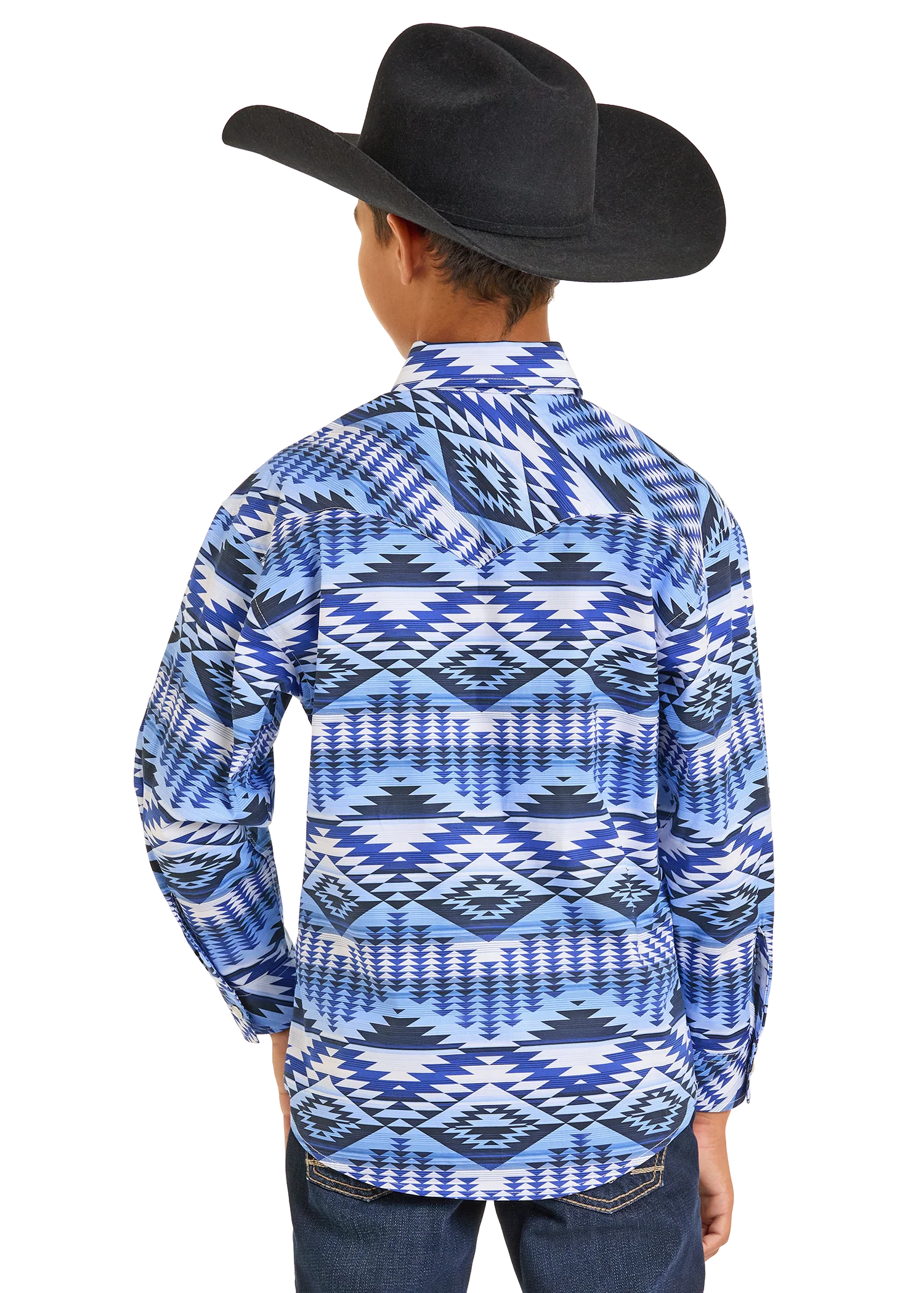 Boys' Blue Aztec Print Long Sleeve Snap Shirt - Image 3