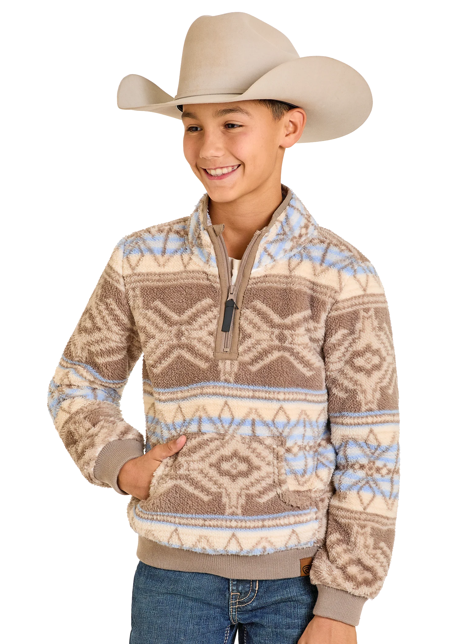 Boys' Tan Aztec Snap Fleece Pullover