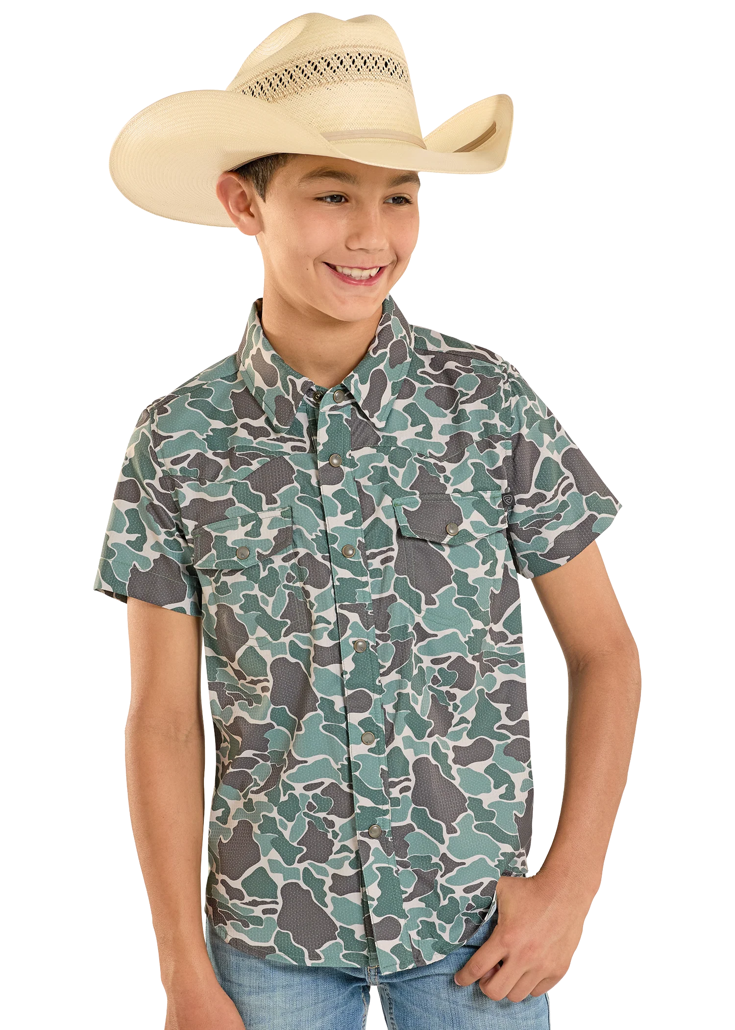 Boys' TEK Western Green Camo Short Sleeve Shirt