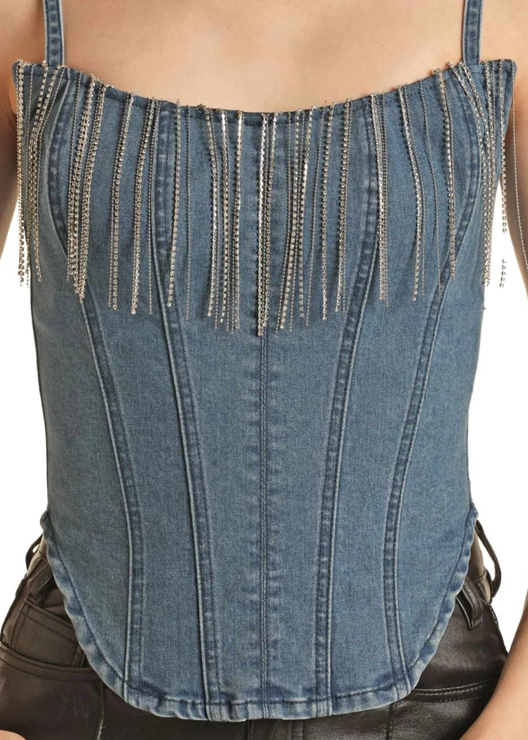 Denim Fringe Corset Tank Top - Image 3