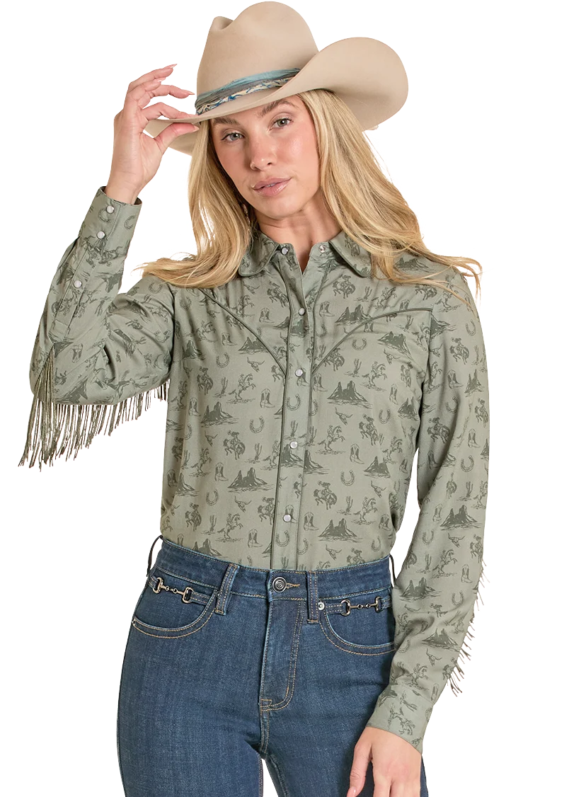 Desert Print Fringe Long Sleeve Snap Shirt