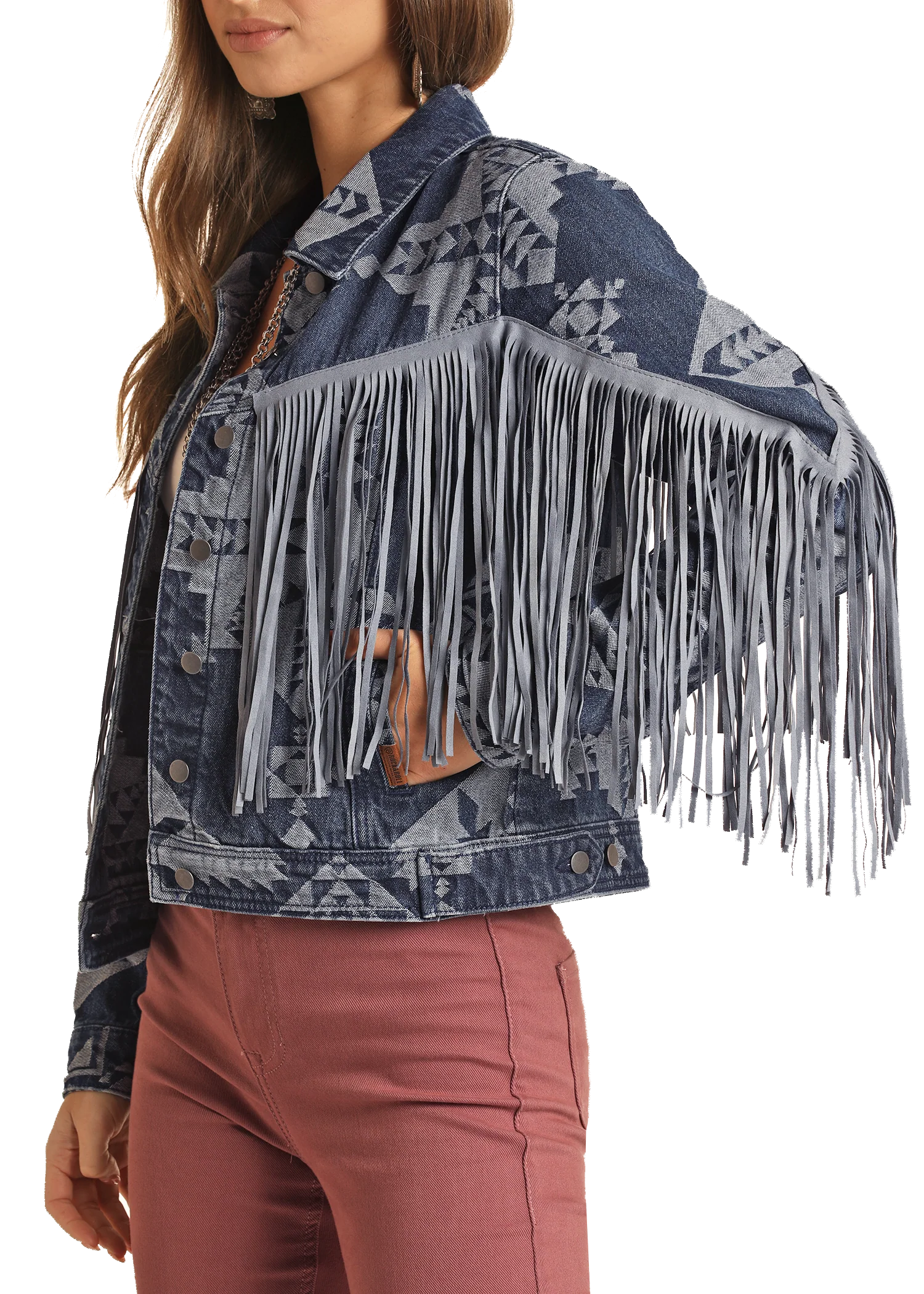 Fringe Aztec Print Denim Jacket - Image 3
