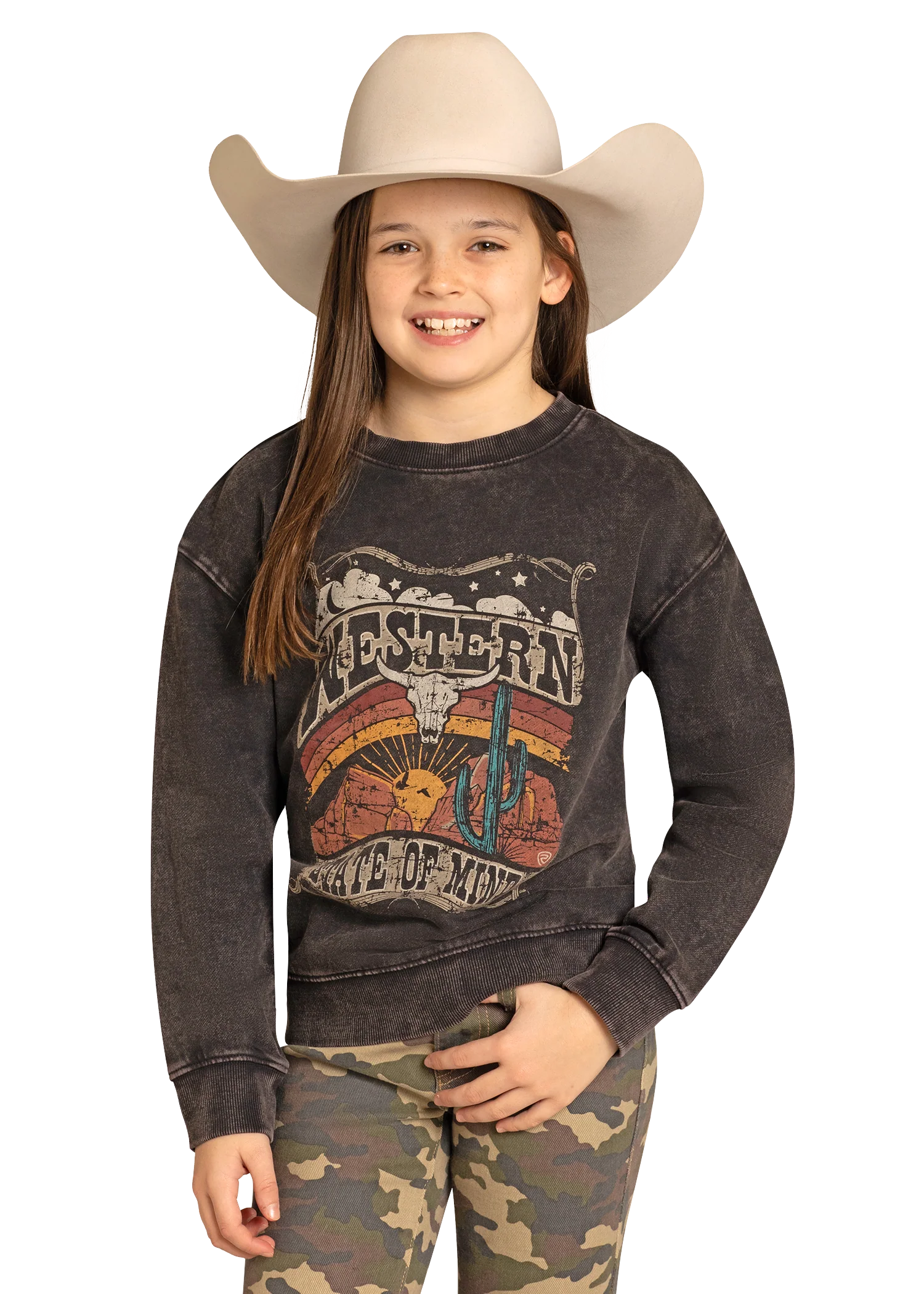 Girls' Black Distressed Western Graphic Pullover