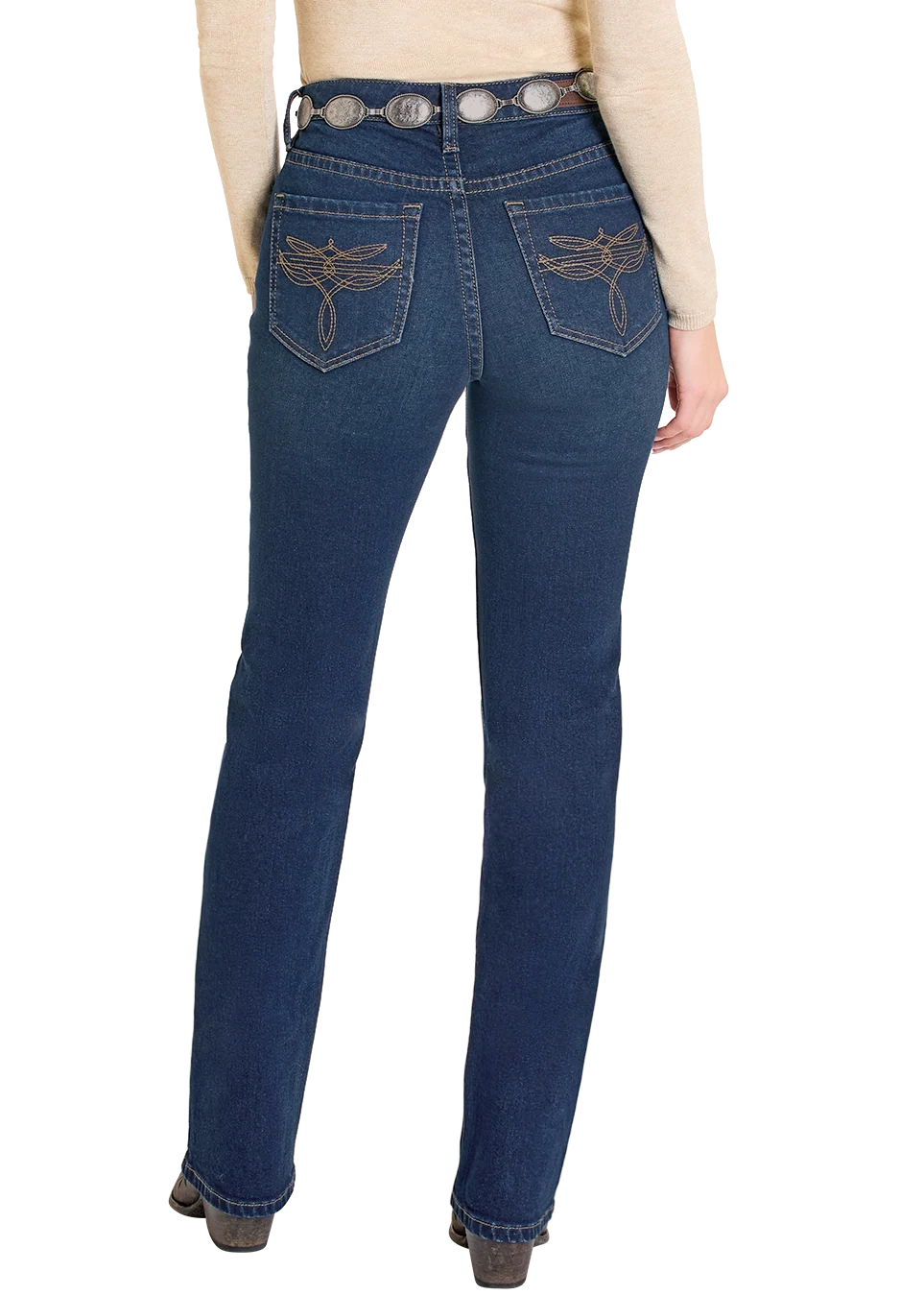 High Rise Boot Embroidered Pocket Modest Bootcut Jeans