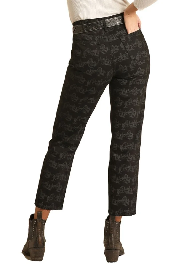 High Rise Contrast Print Distressed Straight Cropped Jeans