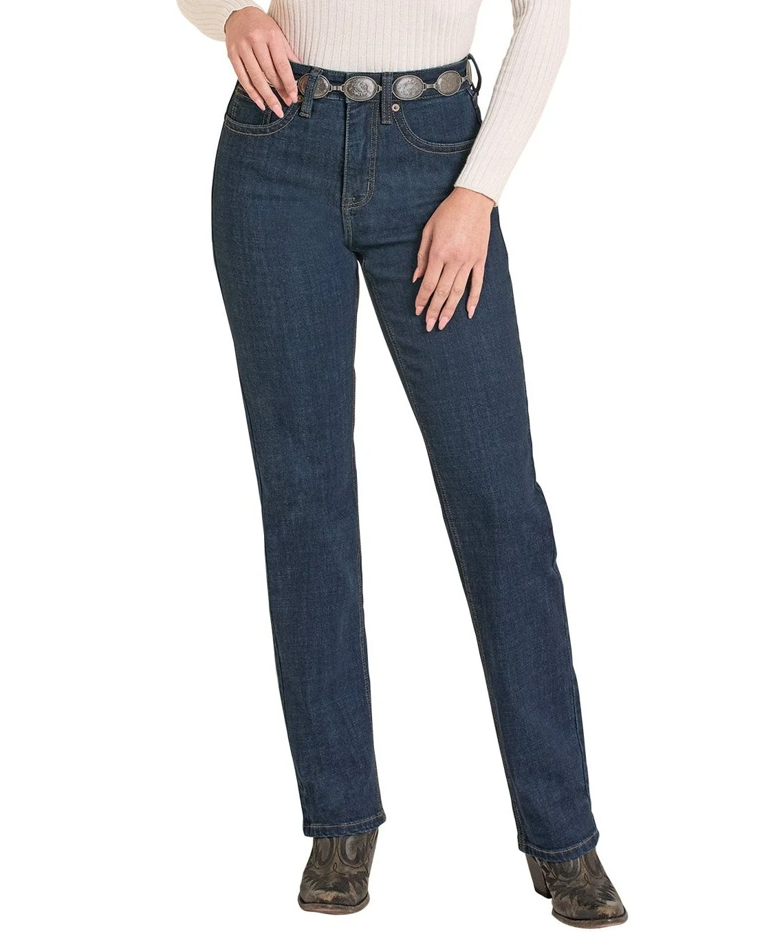 High Rise Dark Wash Boot Stitch Modest Bootcut Jeans - Image 2