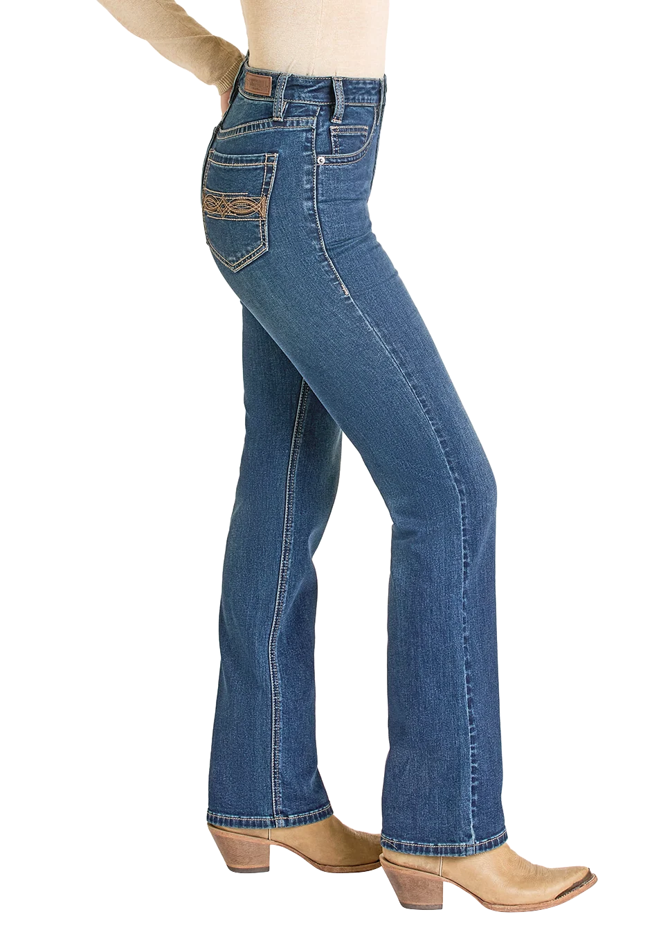 High Rise Pleather Embroidered Pocket Bootcut Jeans - Image 2