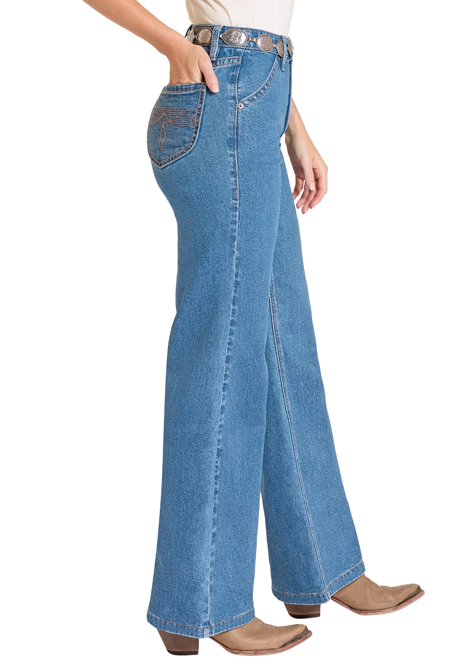 High Rise Rounded Boot Stitch Pocket Wide Leg Jeans - Image 3