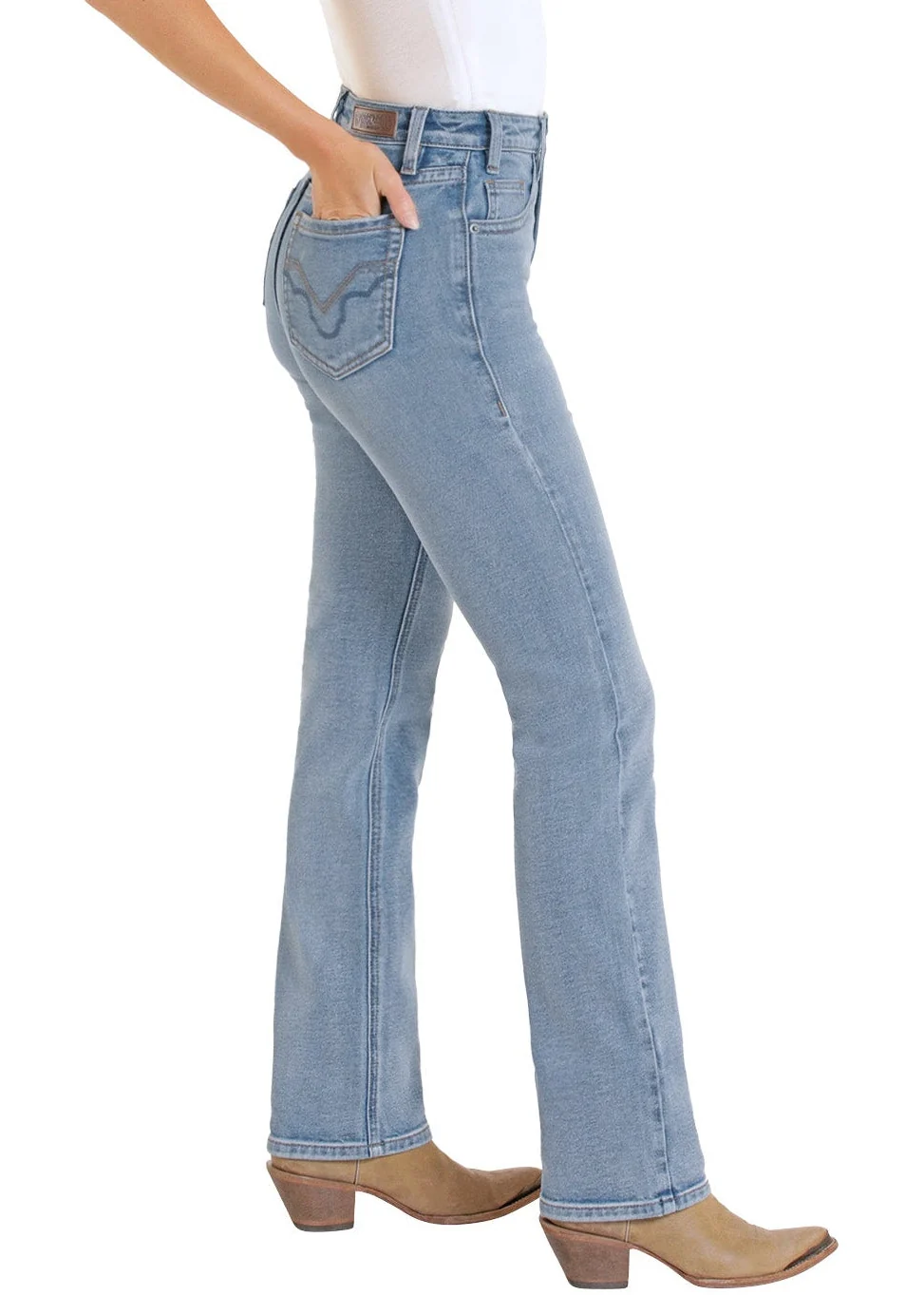 High Rise Signature Embroidered Pocket Modest Bootcut Jeans - Image 3