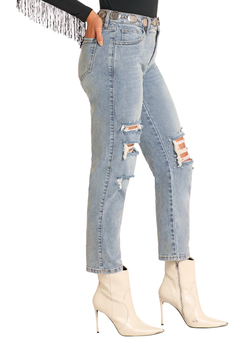 High Rise Studded Straight Cropped Jeans - Image 3
