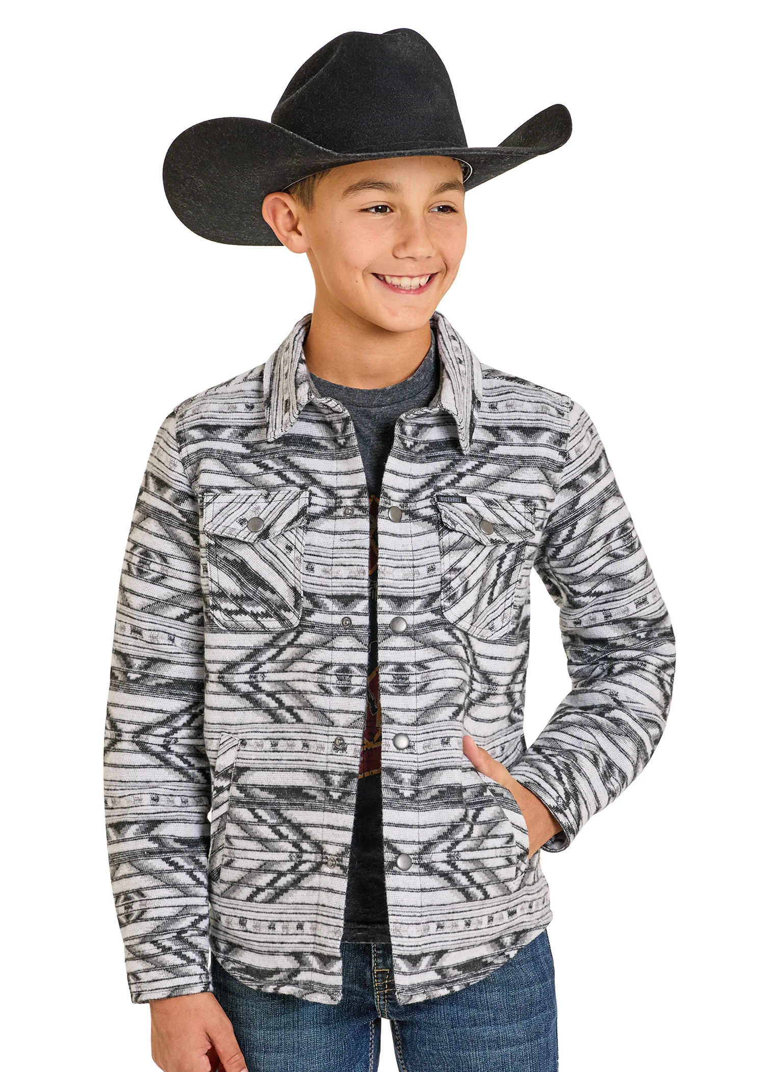Kids' Black & White Aztec Jacquard Shirt Jacket