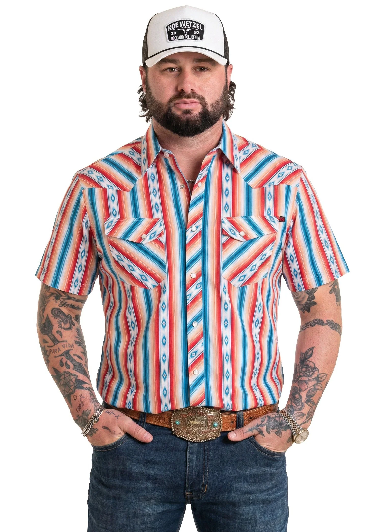 Koe Wetzel Slim Fit Aztec Stripe Short Sleeve Snap Shirt
