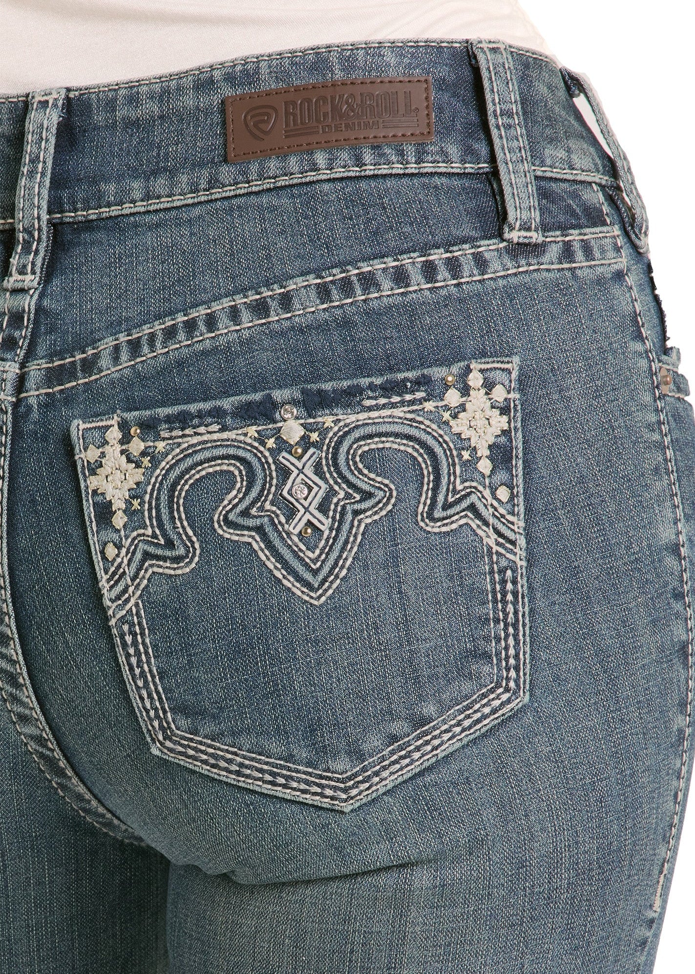 Mid Rise Raised Embroidered Pocket Bootcut Jeans - Image 3