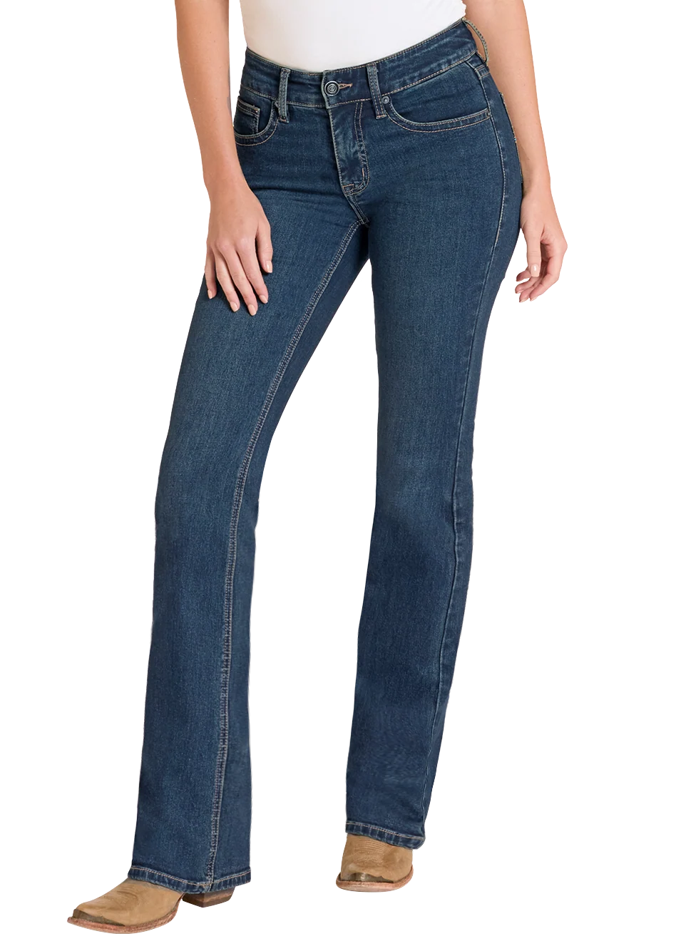 Mid Rise Turquoise Boot Stitch Pocket Bootcut Jeans - Image 2