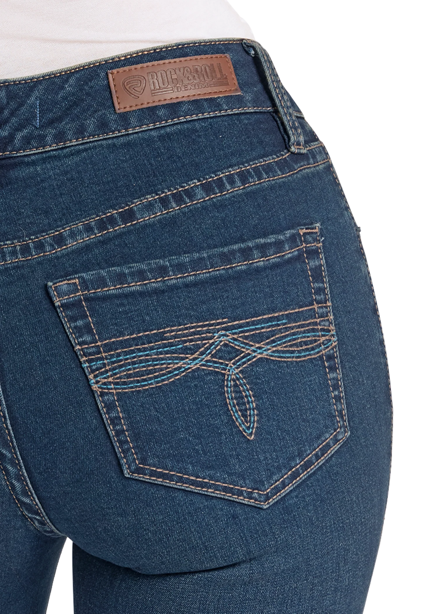 Mid Rise Turquoise Boot Stitch Pocket Bootcut Jeans - Image 4