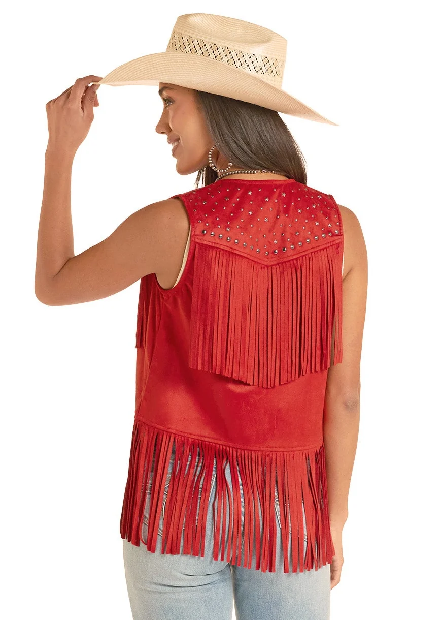 Red Studded Microsuede Fringe Vest - Image 3