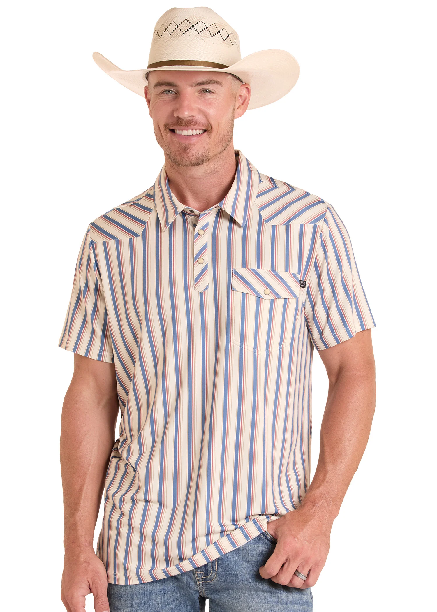 Red & White Stripe Western Pocket Polo - Image 3