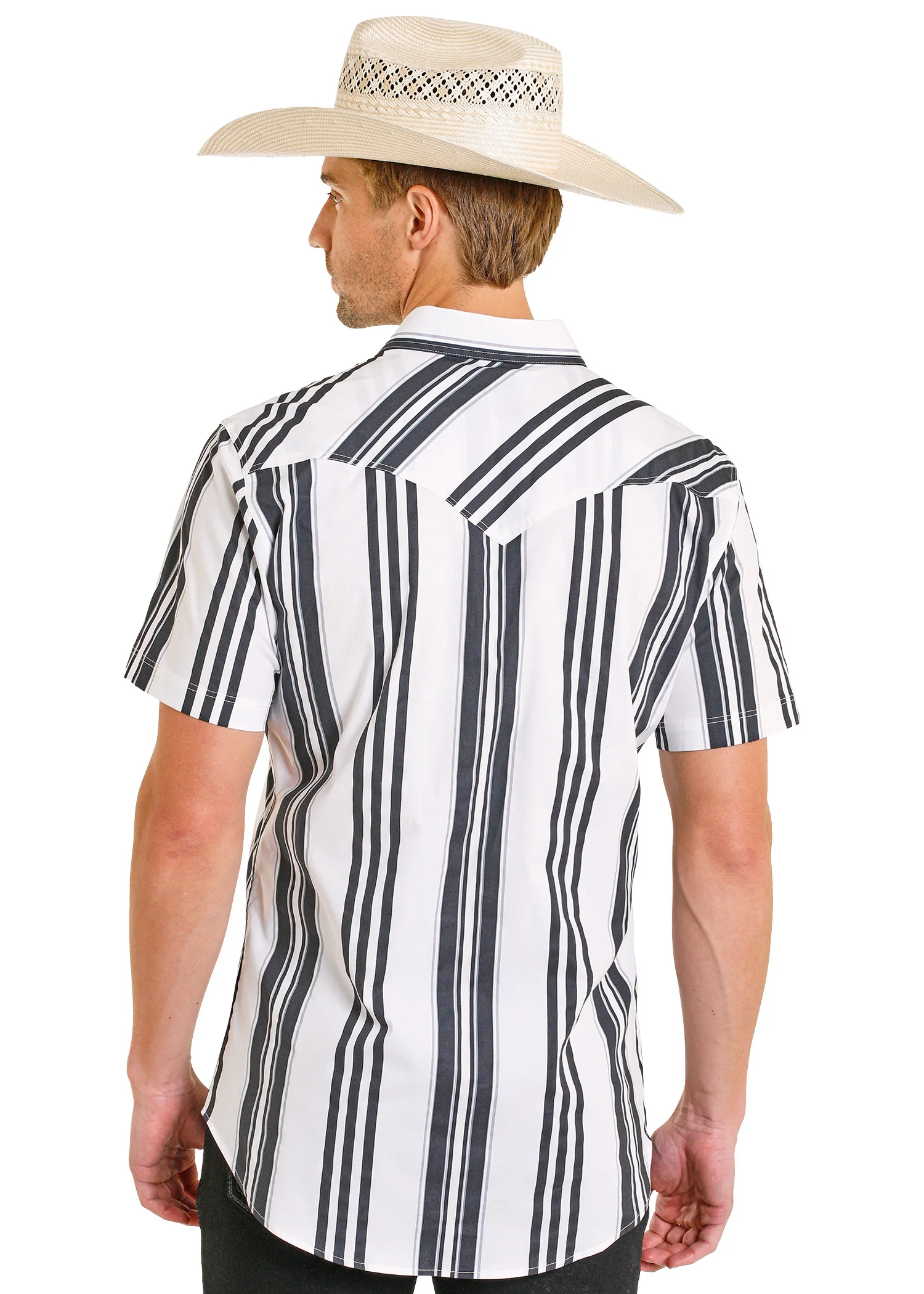 Slim Fit Black & White Striped Short Sleeve Snap Shirt - Image 2
