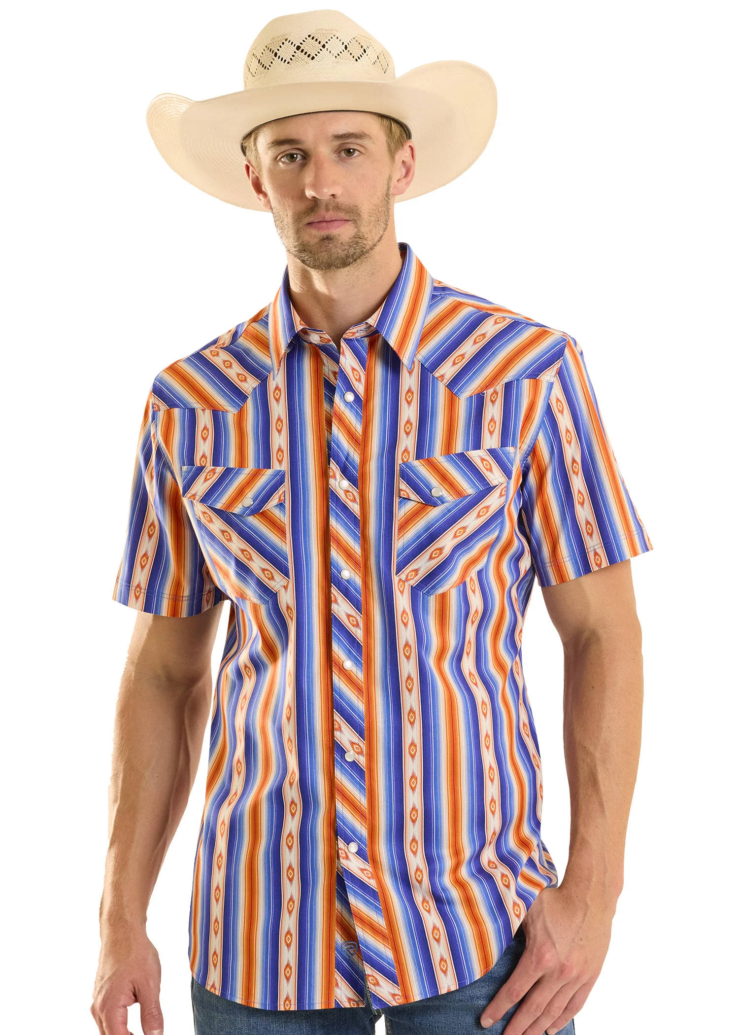 Slim Fit Blue & Orange Stripe Short Sleeve Snap Shirt