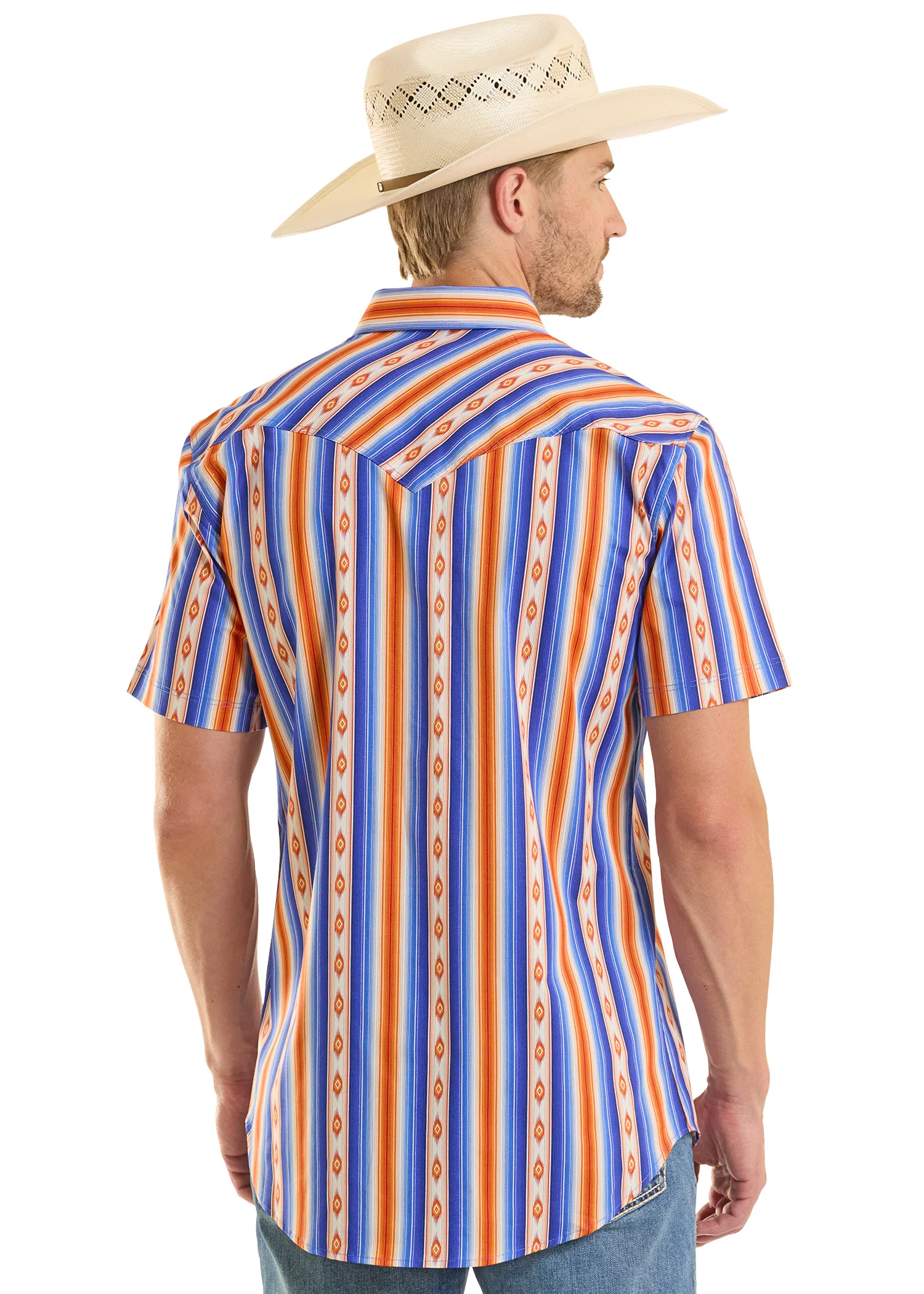 Slim Fit Blue & Orange Stripe Short Sleeve Snap Shirt - Image 4