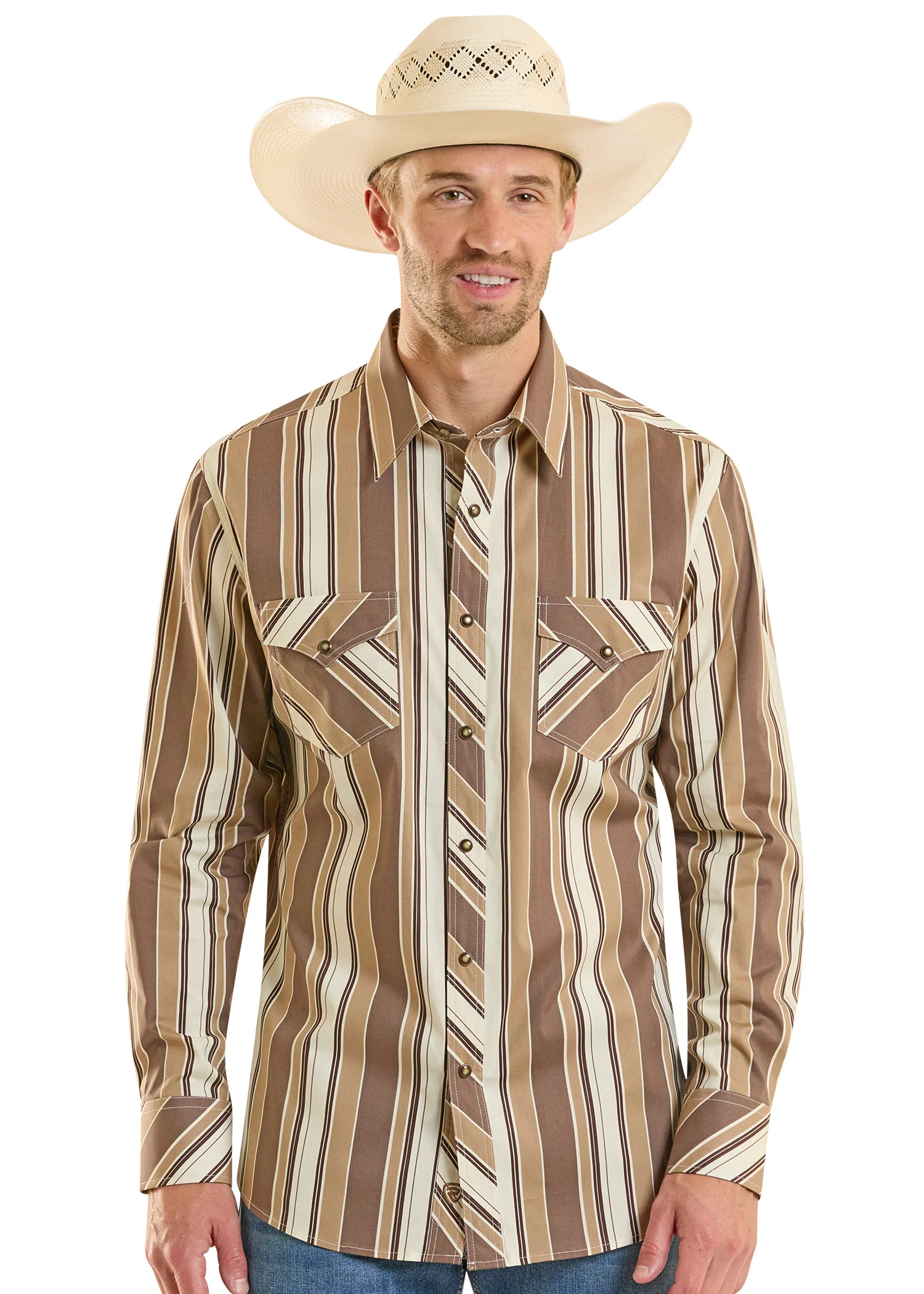 Slim Fit Brown Stripe Long Sleeve Snap Shirt - Image 2