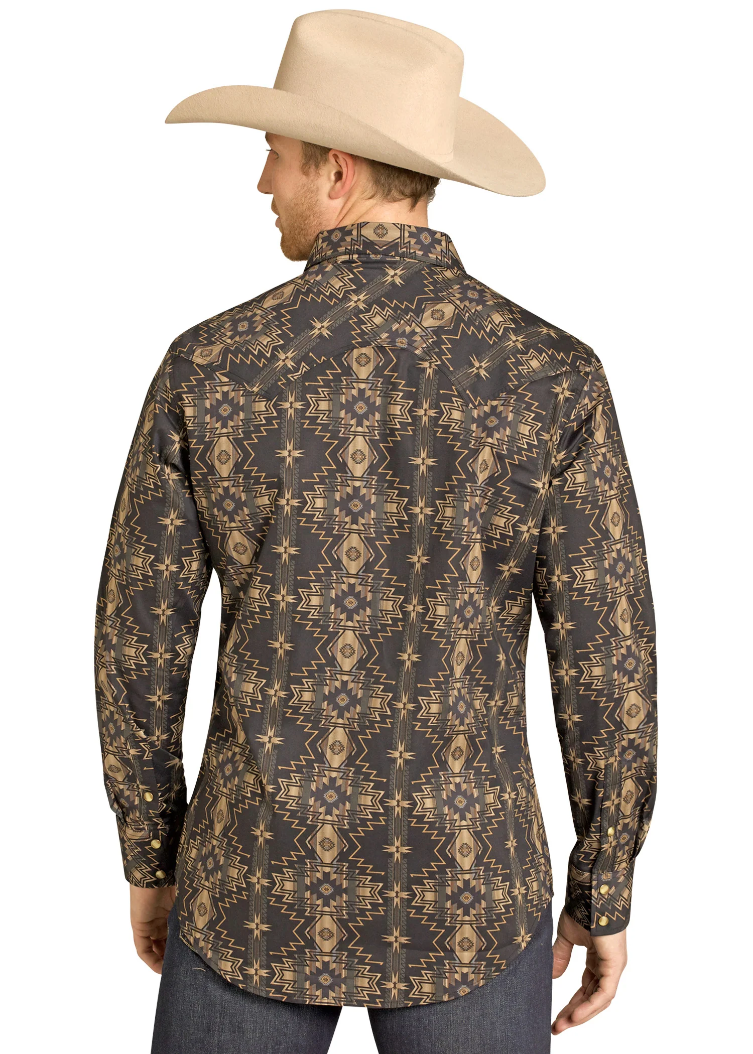 Slim Fit Gold Aztec Long Sleeve Snap Shirt - Image 3