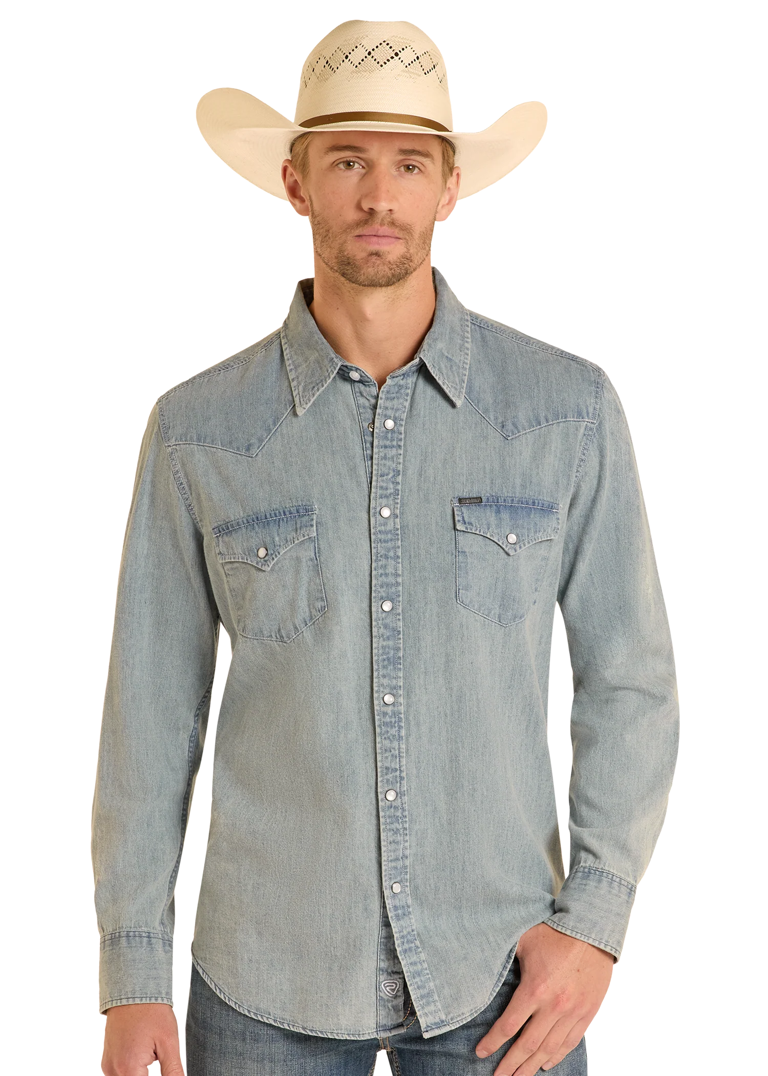 Slim Fit Medium Wash Denim Snap Shirt - Image 3