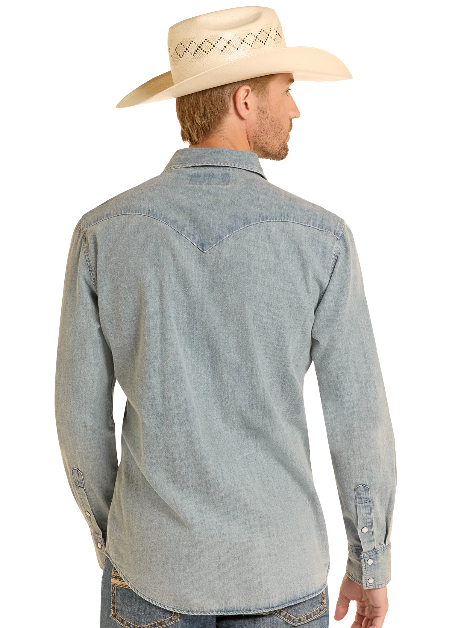 Slim Fit Medium Wash Denim Snap Shirt - Image 4