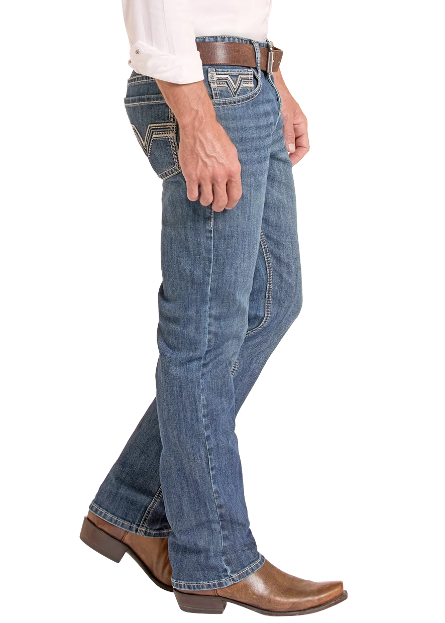 Slim Fit Raised Pleather Stitch Pocket Straight Leg Jeans - Image 3