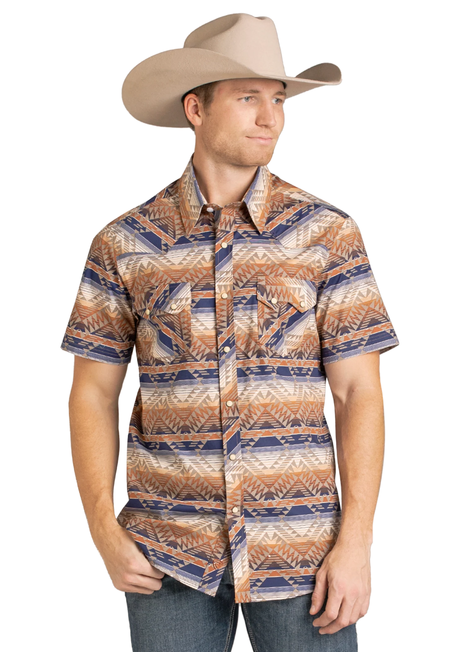 Slim Fit Tan and Blue Striped Aztec Short Sleeve Snap Shirt