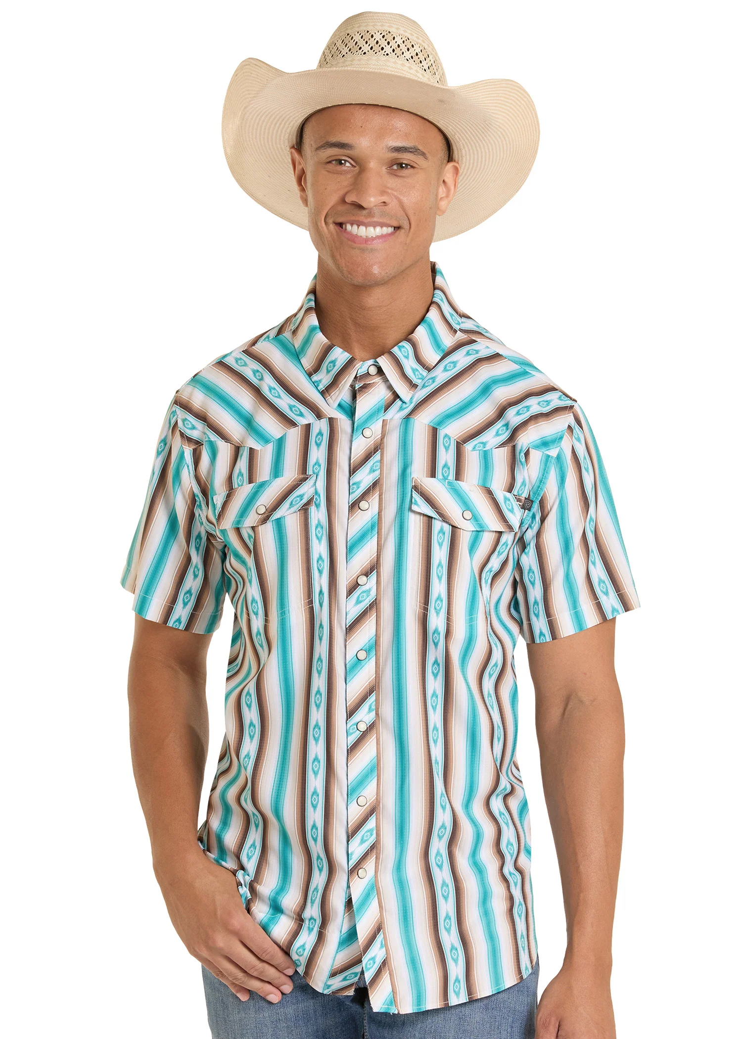 TEK Western Brown & Turquoise Stripe Short Sleeve Shirt
