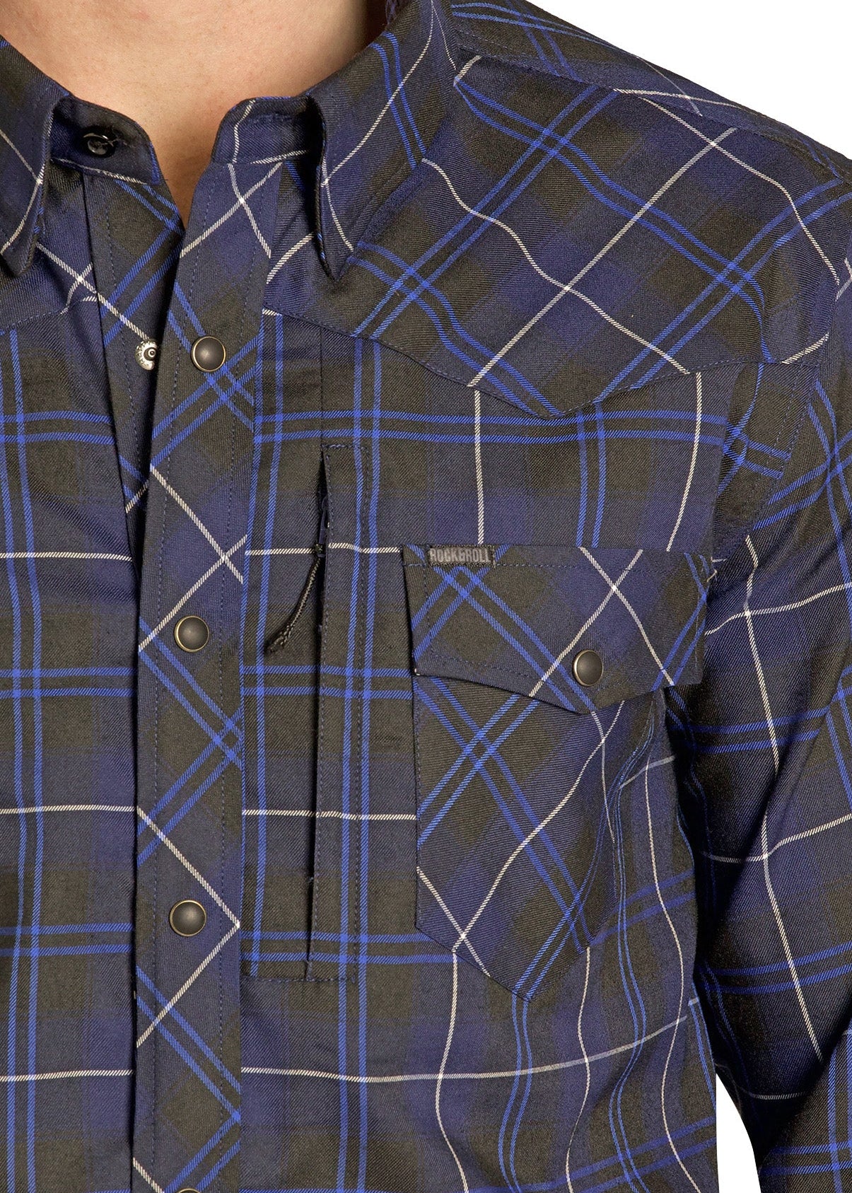 TEK Western Navy Plaid Flannel Long Sleeve Shirt - Image 2