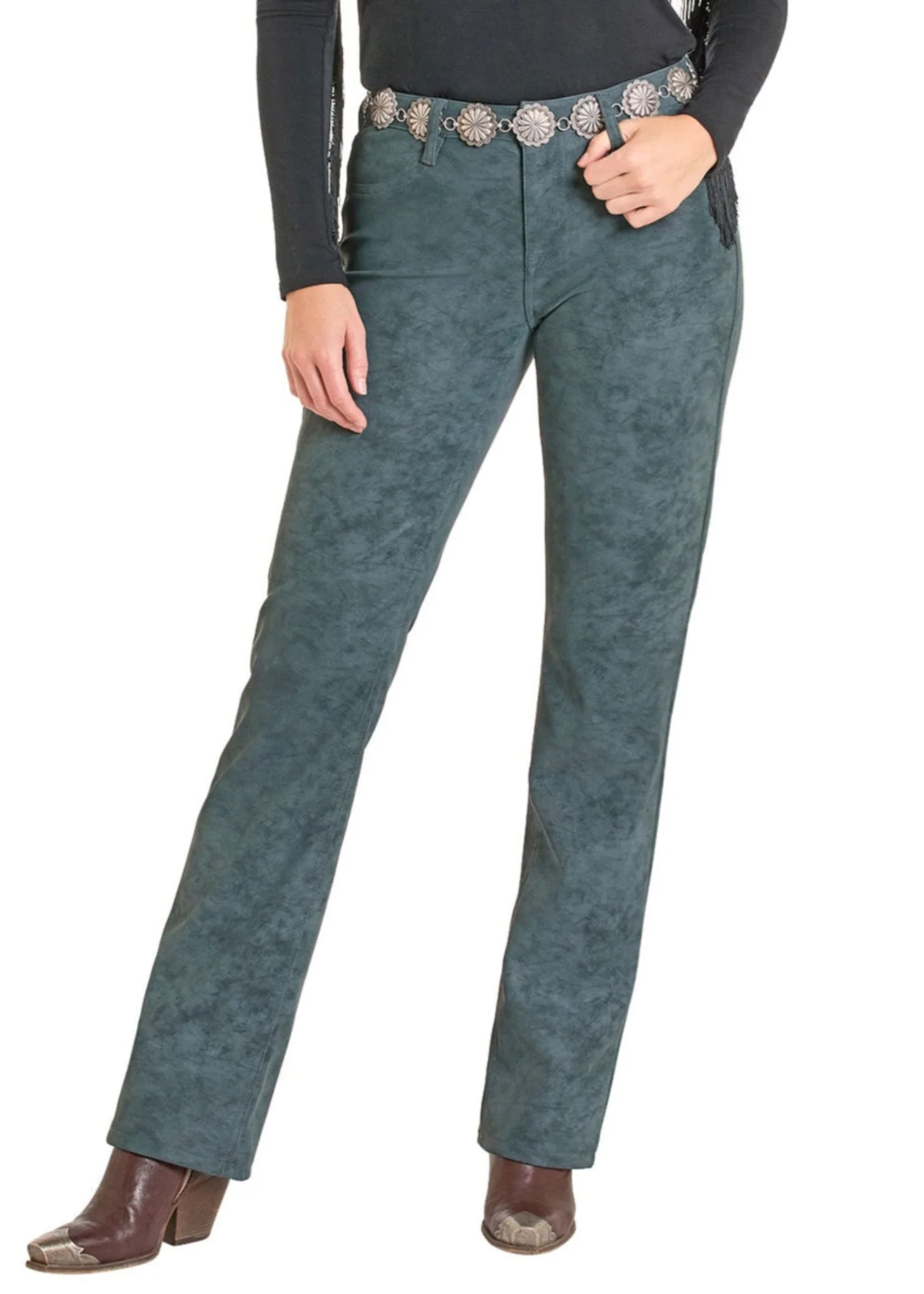 West Desperado High Rise Teal Pleather Modest Bootcut Jeans - Image 4