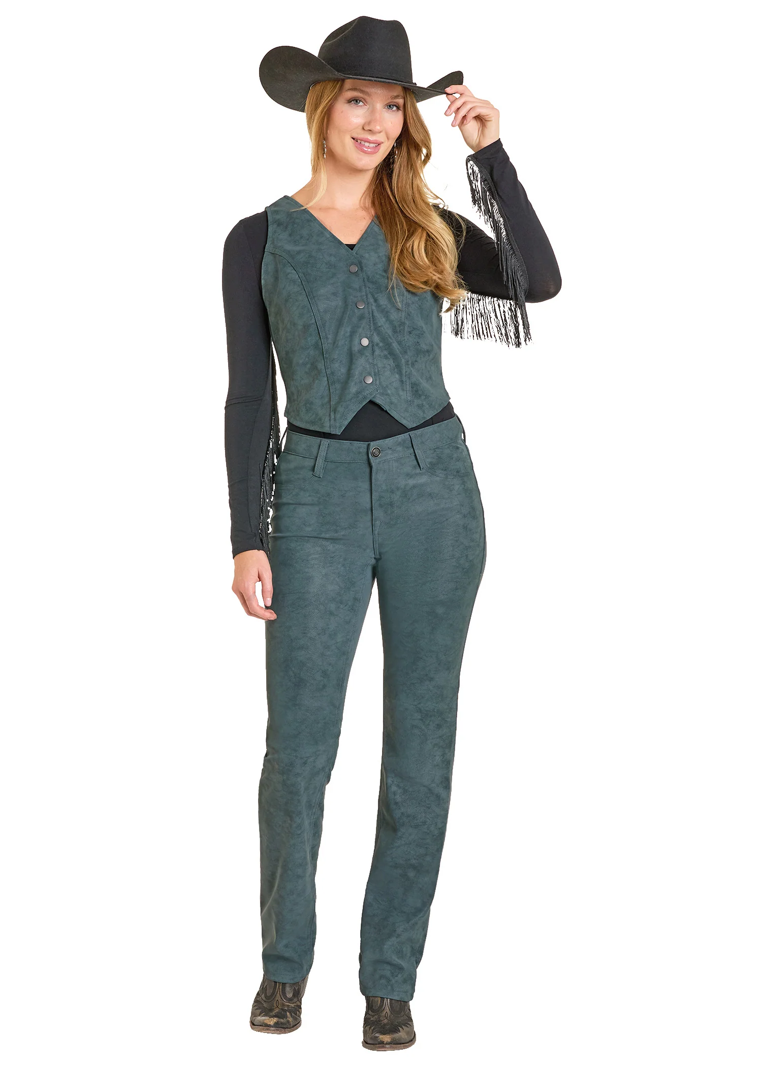 West Desperado High Rise Teal Pleather Modest Bootcut Jeans - Image 6