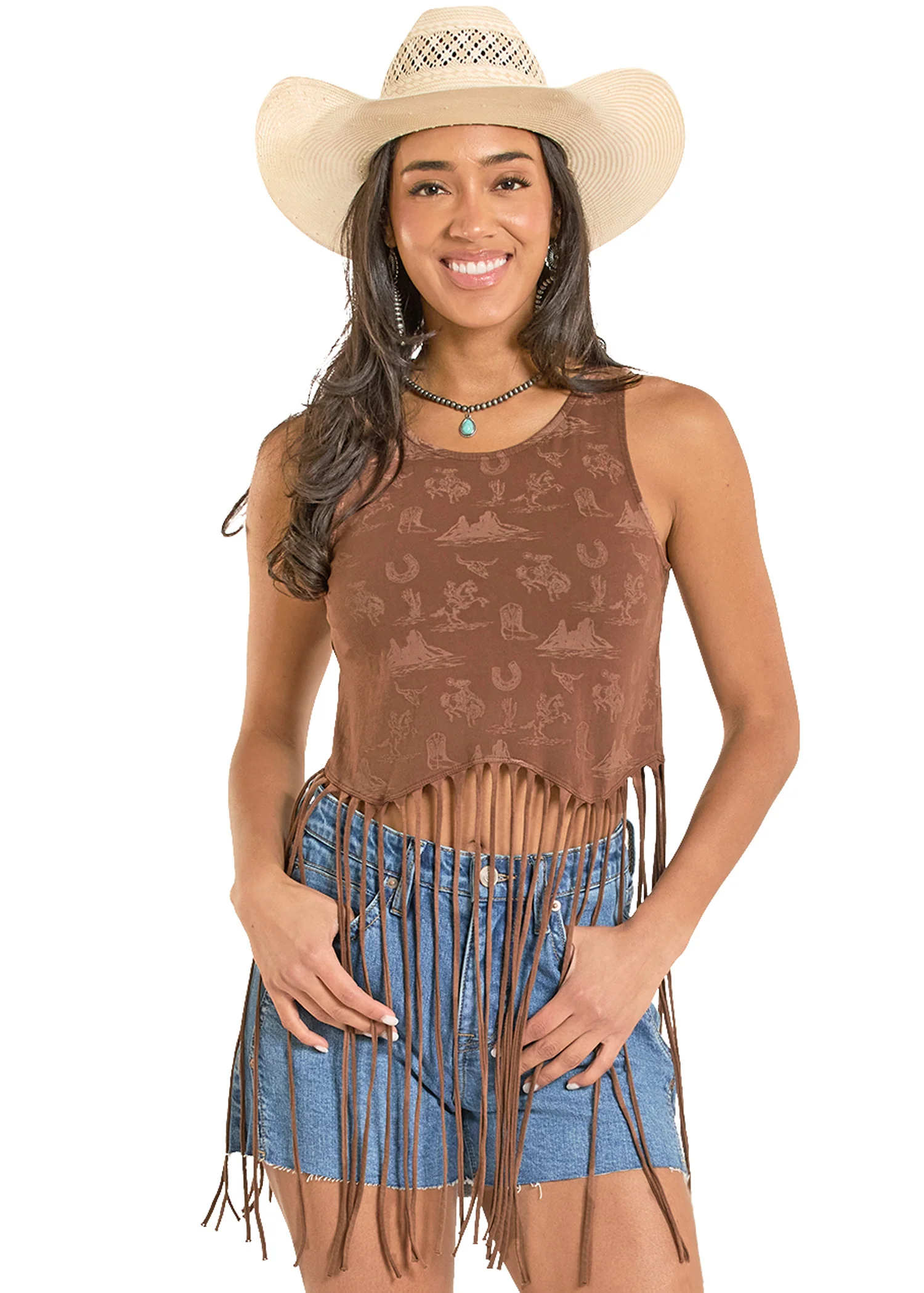 Western Print Fringe Top