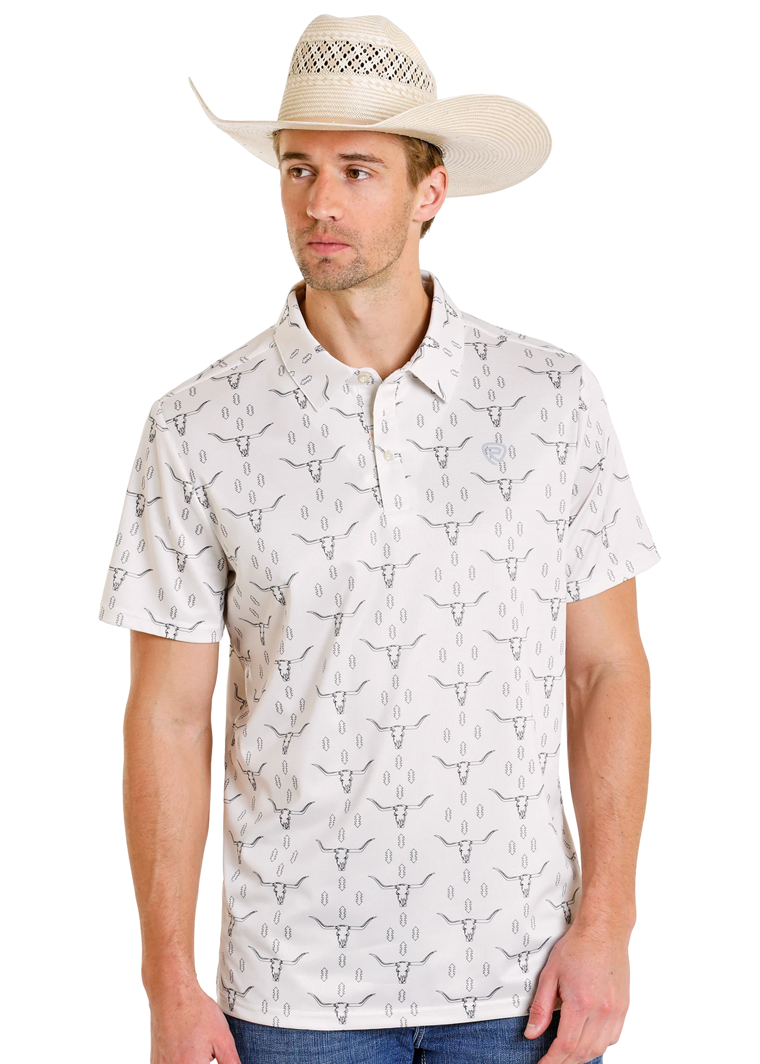 White Aztec Steer Print Polo