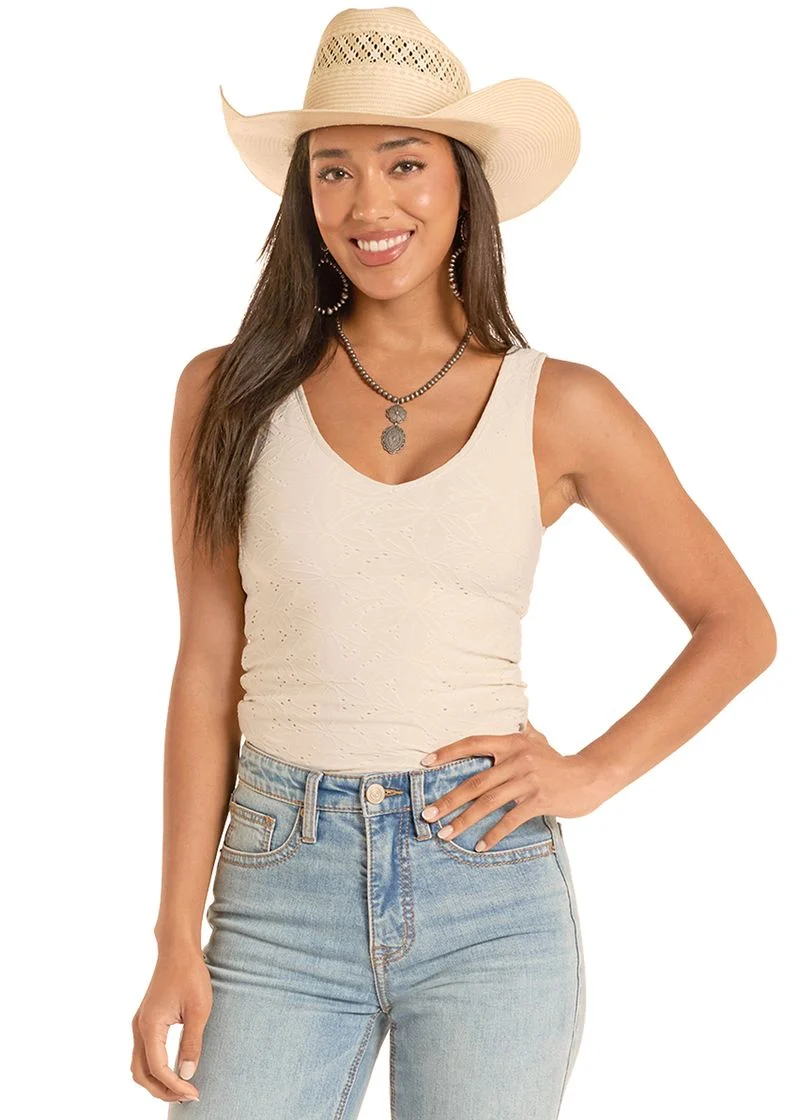 White Eyelet Knit Tank Top